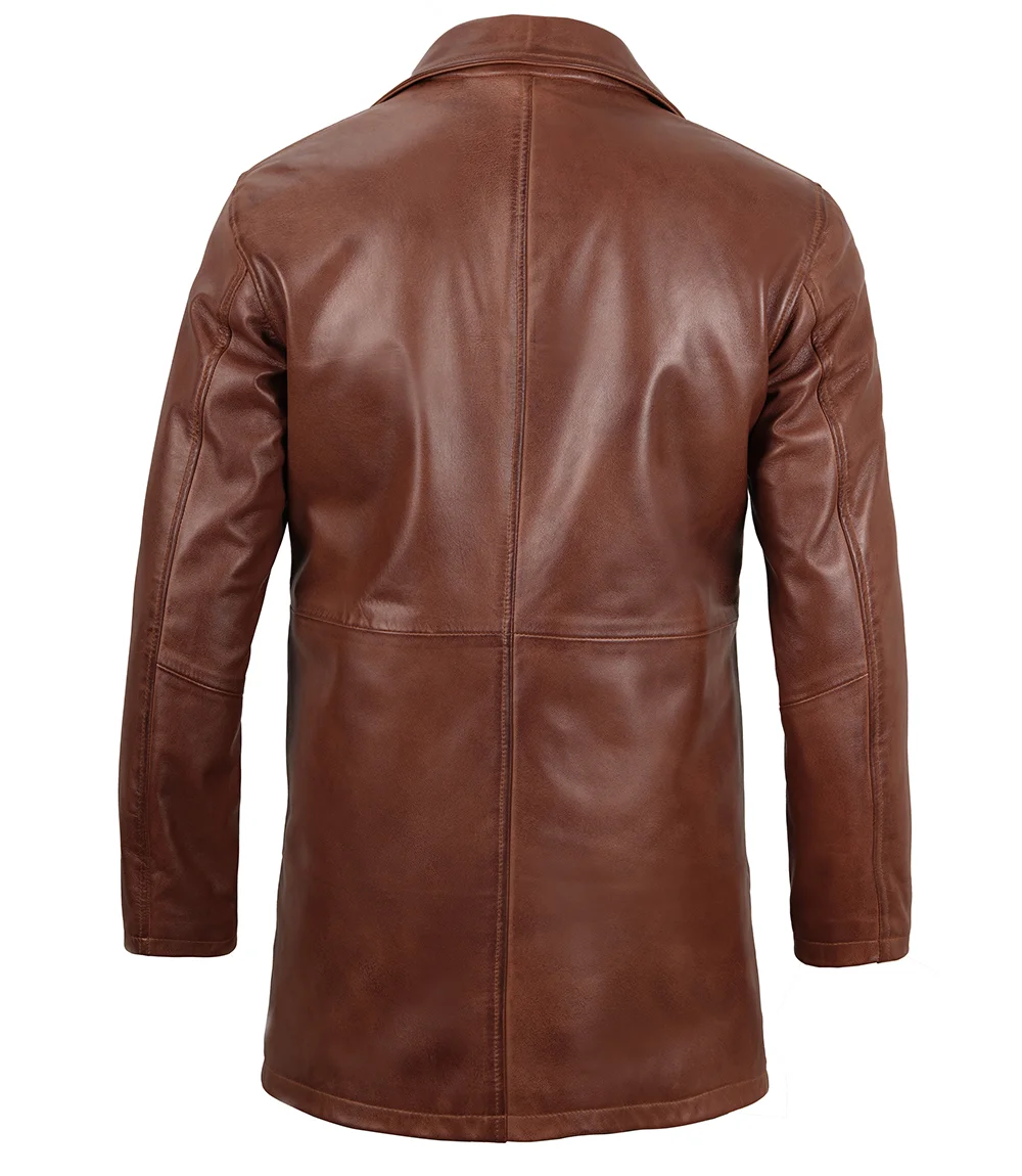Tan Mens Distressed 34 Length Leather Car Coat - Image 2