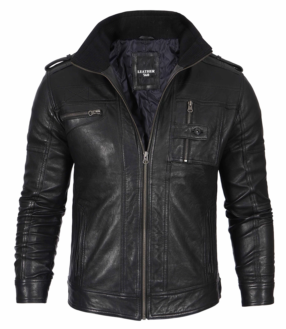 Black Mens Waxed Cafe Racer Leather Jacket