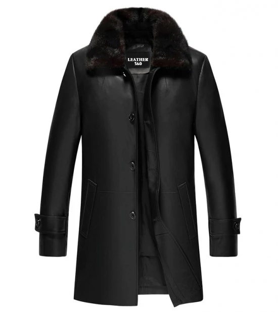 Mens 34 Premium Black Leather Coat With Fur Collar