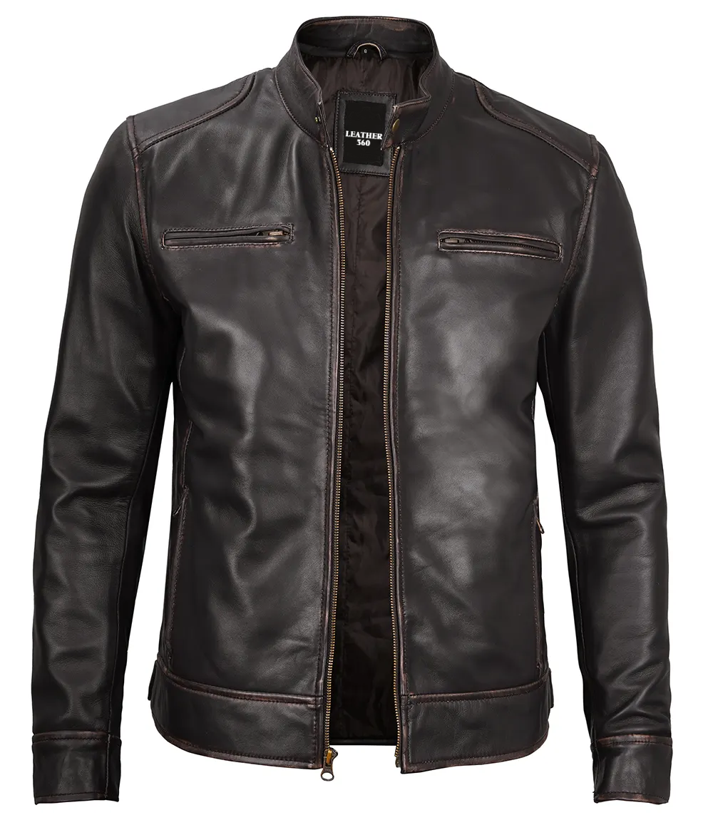 Dodge Mens Rub-Off Dark Brown Cafe Racer Leather Jacket