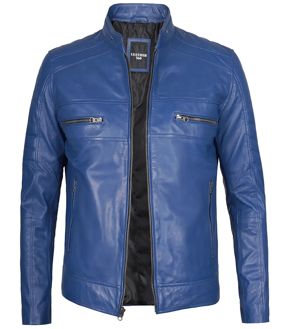 Austin Men Cafe Racer Blue Real Leather Jacket