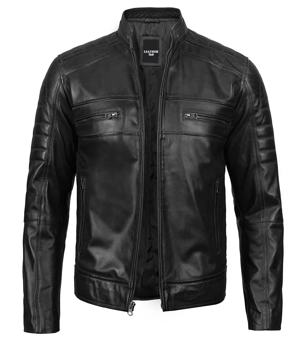 Black Cafe Racer Real Leather Motorcycle Jacket