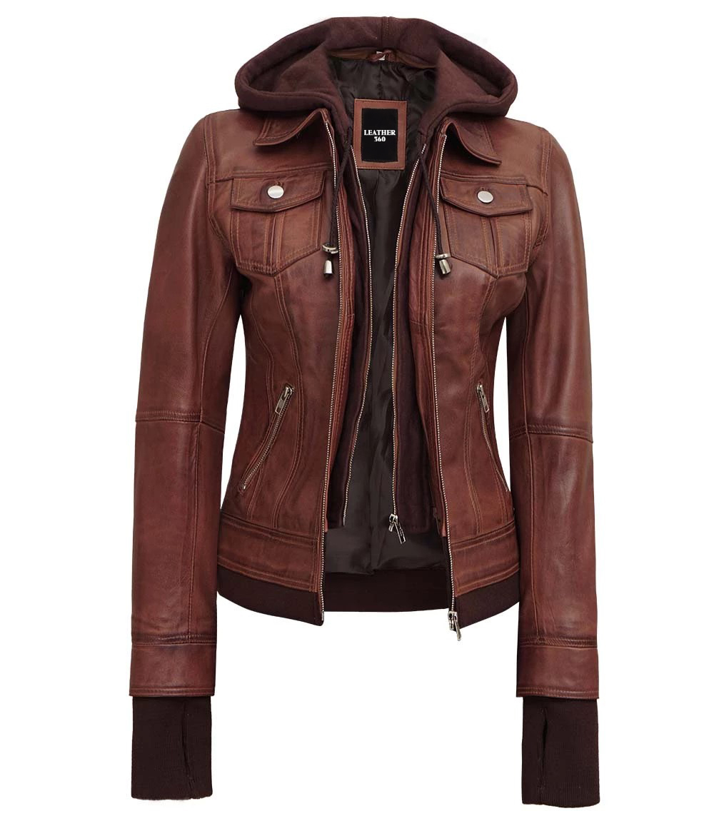 Dark Brown Womens Bomber Leather Jacket With Removable Hood