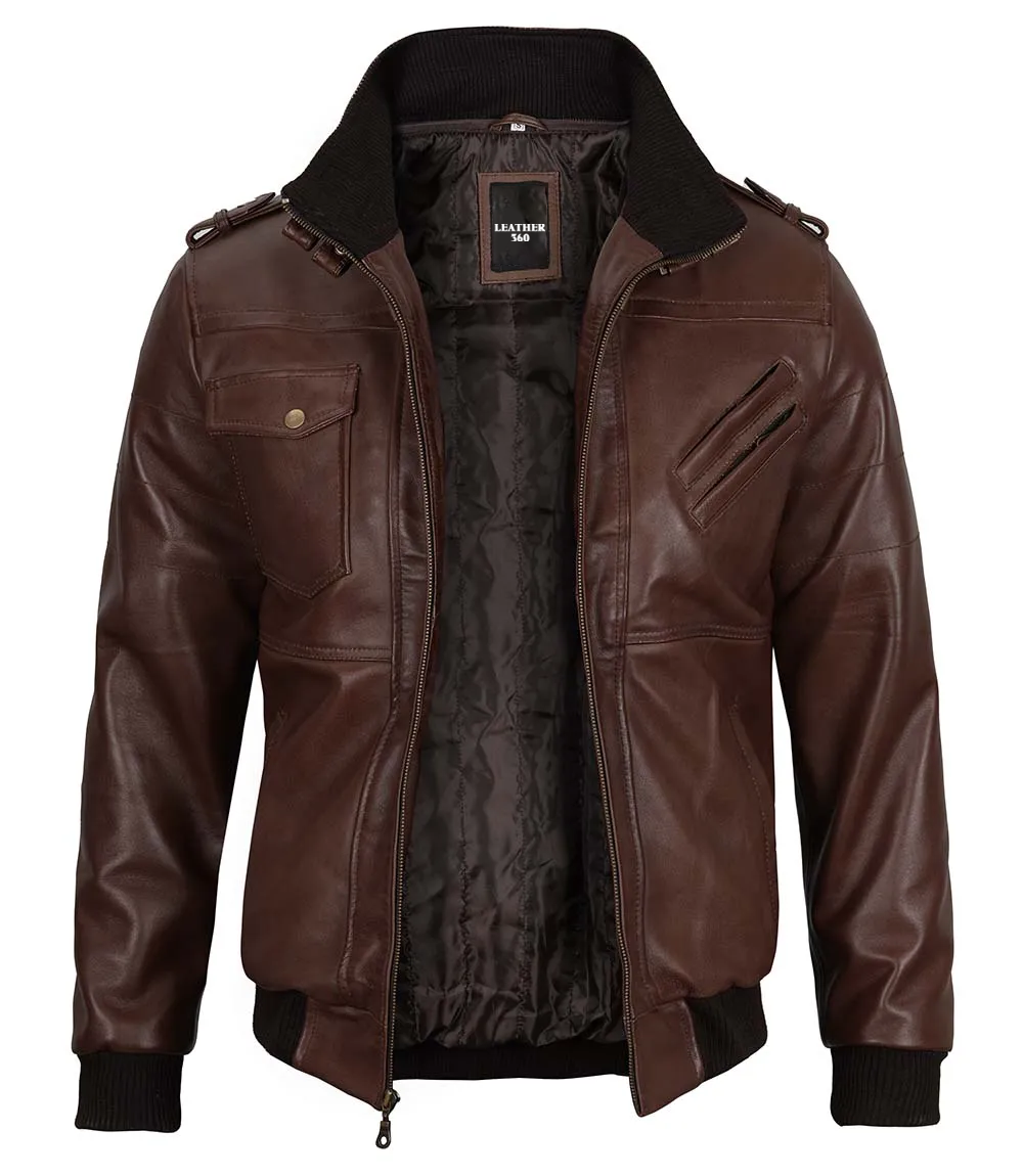 Mens Dark Brown Leather Bomber Jacket With Hood