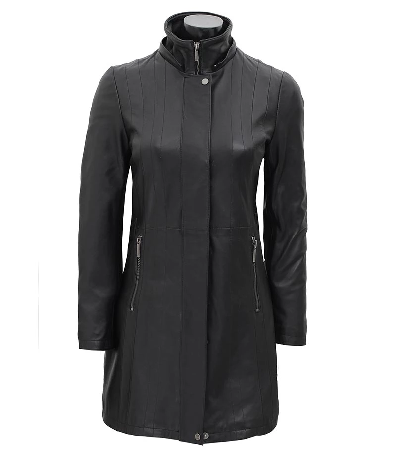 Black Leather Hooded Shearling Coat For Women