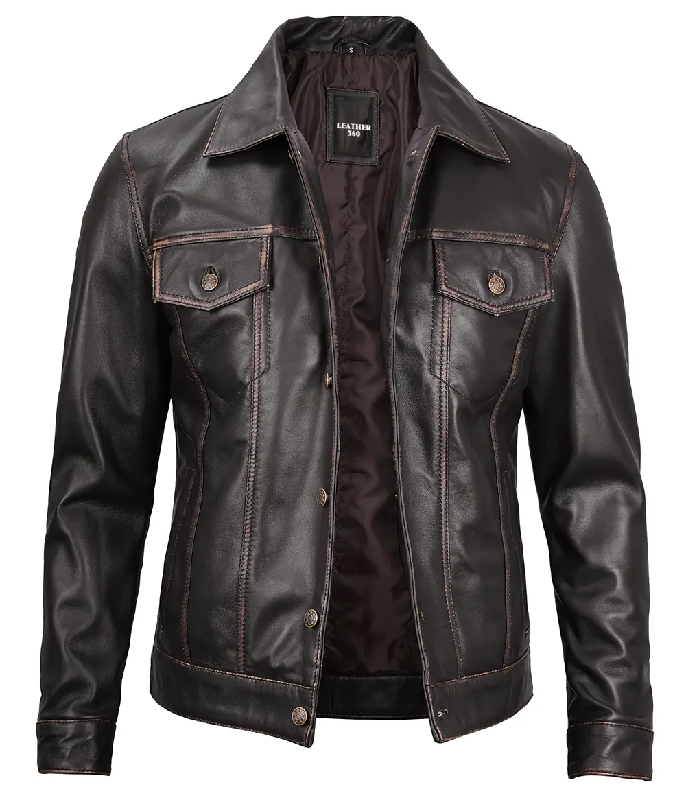 Dark Brown Leather Trucker Jacket Mens
