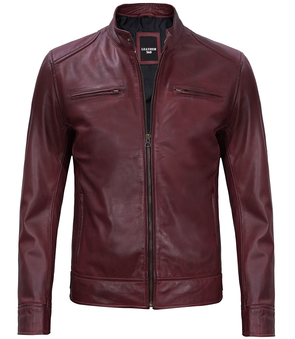 Mens Maroon Leather Cafe Racer Motorcycle Jacket