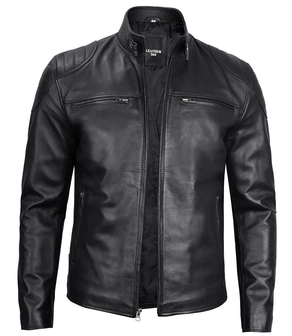 Black Real Leather Cafe Racer Jacket